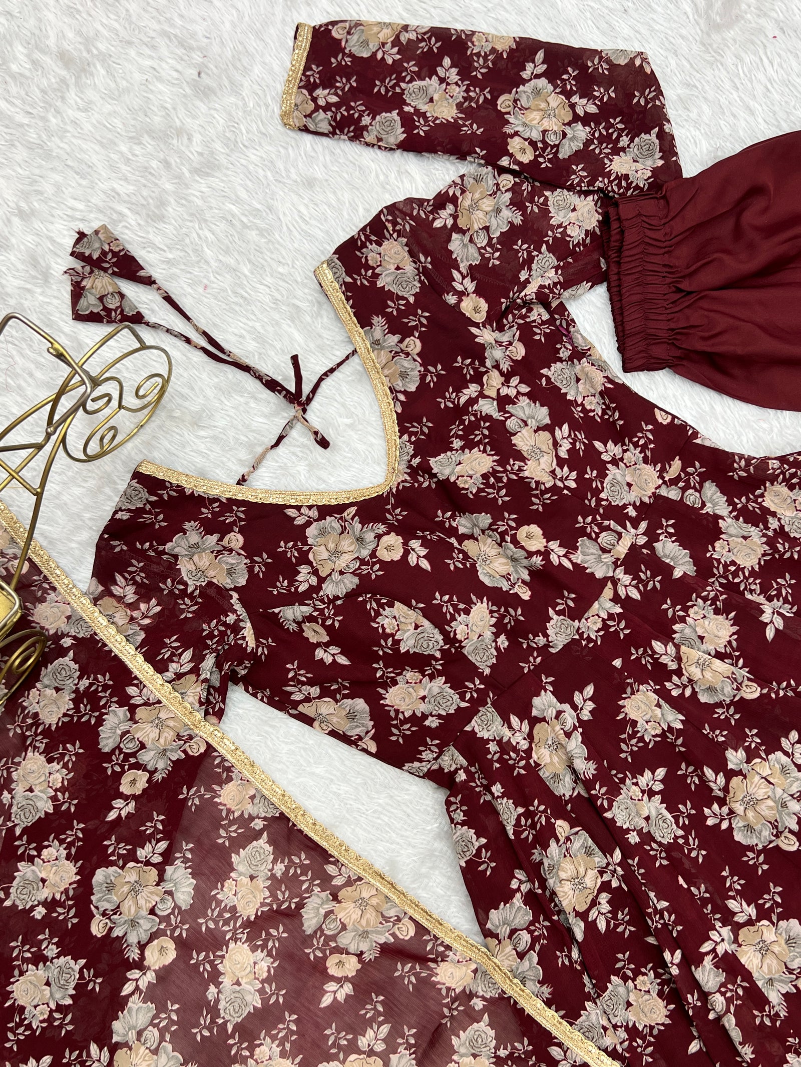 Dark Maroon High-End Laheriya Print Anarkali Set – Pure Fox Georgette Floral Print with Dupatta & Pants – Ready-to-Wear for Summer Weddings