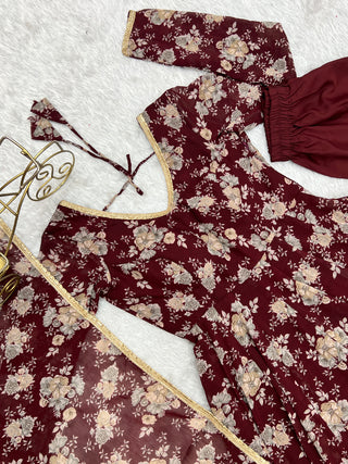 Dark Maroon High-End Laheriya Print Anarkali Set – Pure Fox Georgette Floral Print with Dupatta & Pants – Ready-to-Wear for Summer Weddings