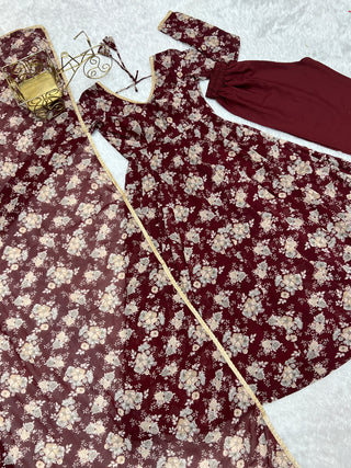 Dark Maroon High-End Laheriya Print Anarkali Set – Pure Fox Georgette Floral Print with Dupatta & Pants – Ready-to-Wear for Summer Weddings