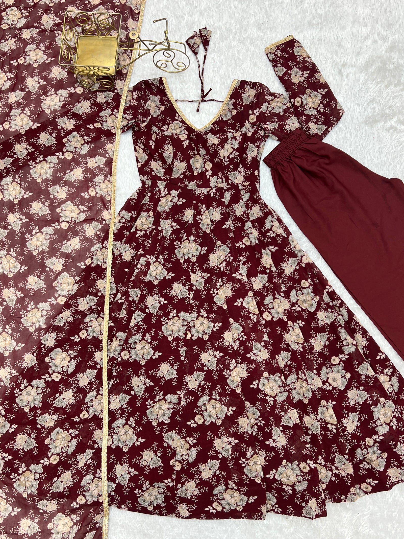 Dark Maroon High-End Laheriya Print Anarkali Set – Pure Fox Georgette Floral Print with Dupatta & Pants – Ready-to-Wear for Summer Weddings
