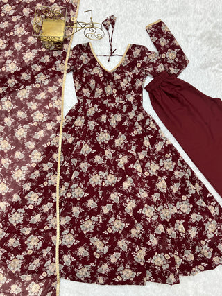 Dark Maroon High-End Laheriya Print Anarkali Set – Pure Fox Georgette Floral Print with Dupatta & Pants – Ready-to-Wear for Summer Weddings