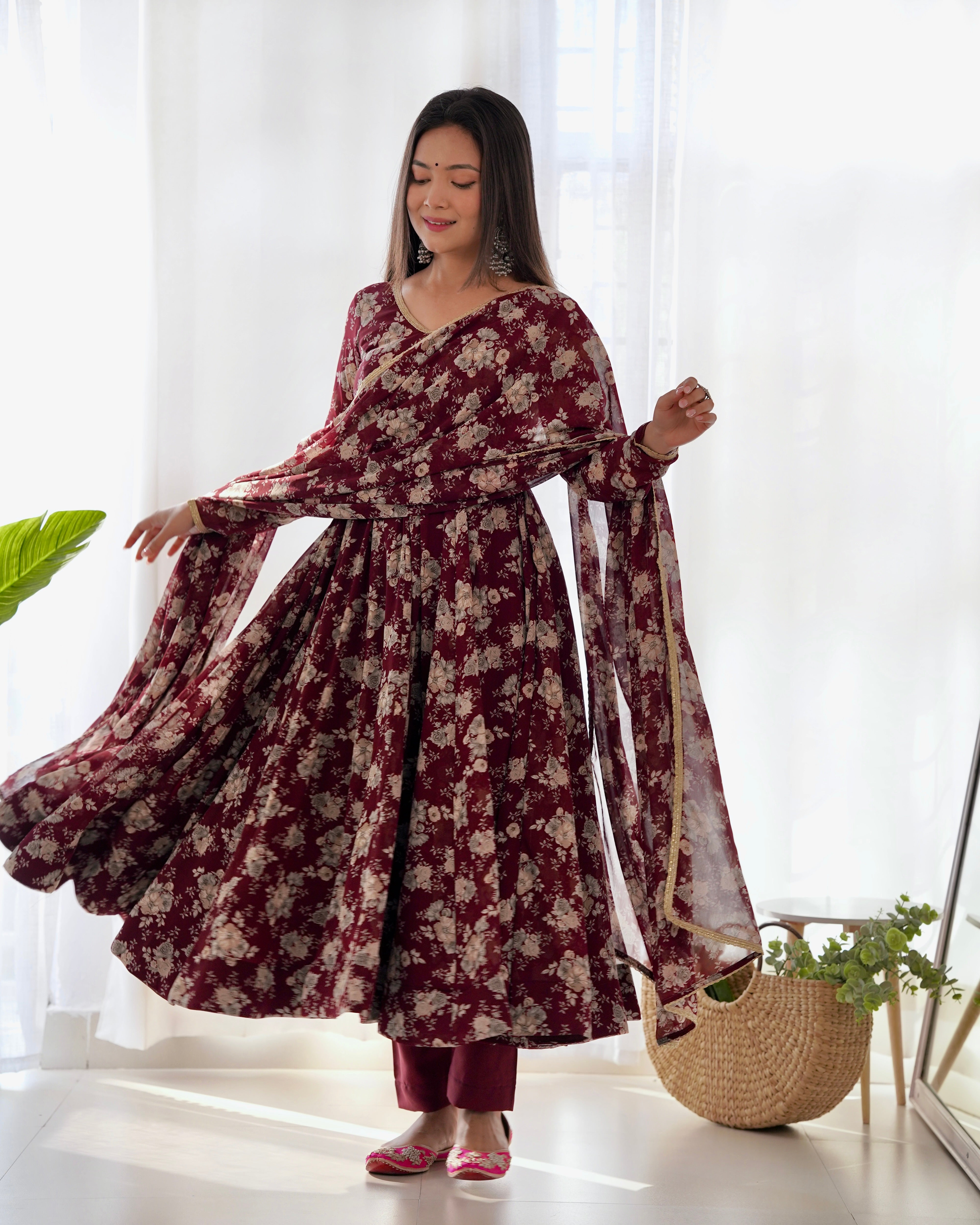 Dark Maroon High-End Laheriya Print Anarkali Set – Pure Fox Georgette Floral Print with Dupatta & Pants – Ready-to-Wear for Summer Weddings Main image