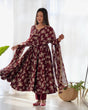 Load image into Gallery viewer, Dark Maroon High-End Laheriya Print Anarkali Set – Pure Fox Georgette Floral Print with Dupatta &amp; Pants – Ready-to-Wear for Summer Weddings