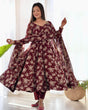 Load image into Gallery viewer, Dark Maroon High-End Laheriya Print Anarkali Set – Pure Fox Georgette Floral Print with Dupatta &amp; Pants – Ready-to-Wear for Summer Weddings