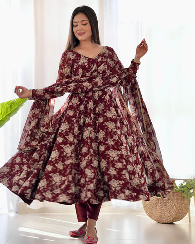 Dark Maroon High-End Laheriya Print Anarkali Set – Pure Fox Georgette Floral Print with Dupatta & Pants – Ready-to-Wear for Summer Weddings