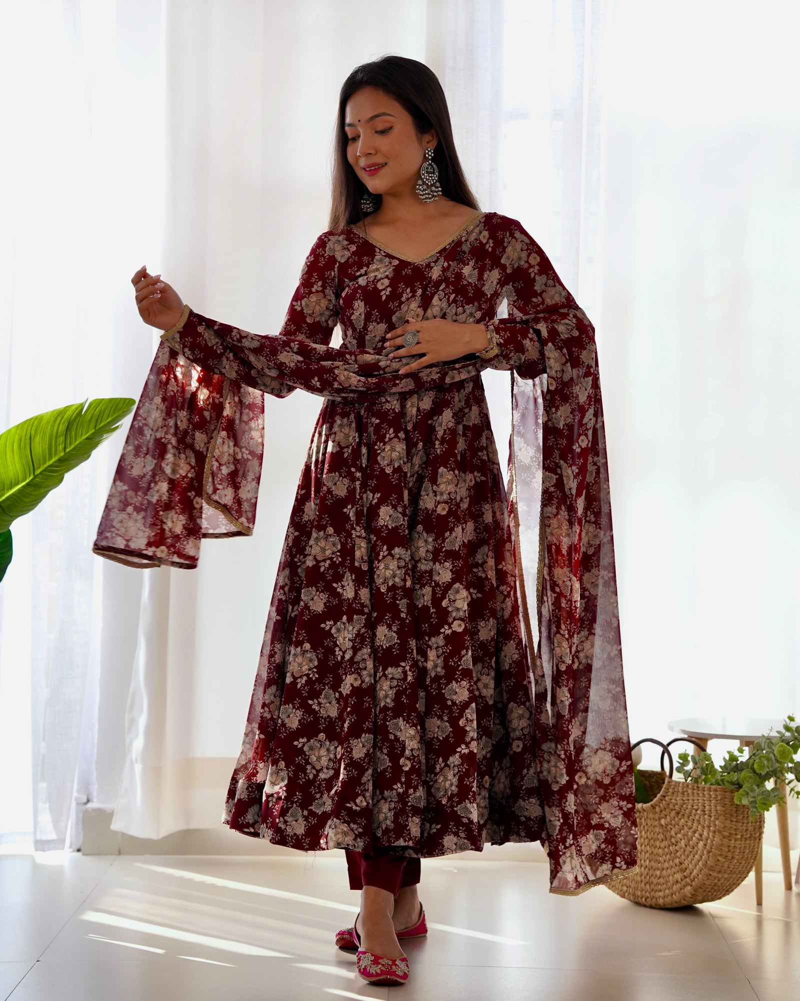 Dark Maroon High-End Laheriya Print Anarkali Set – Pure Fox Georgette Floral Print with Dupatta & Pants – Ready-to-Wear for Summer Weddings