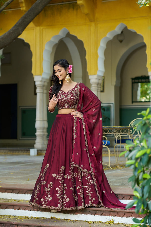 Dark Maroon Silk Festive Lehenga Choli ClothsVilla