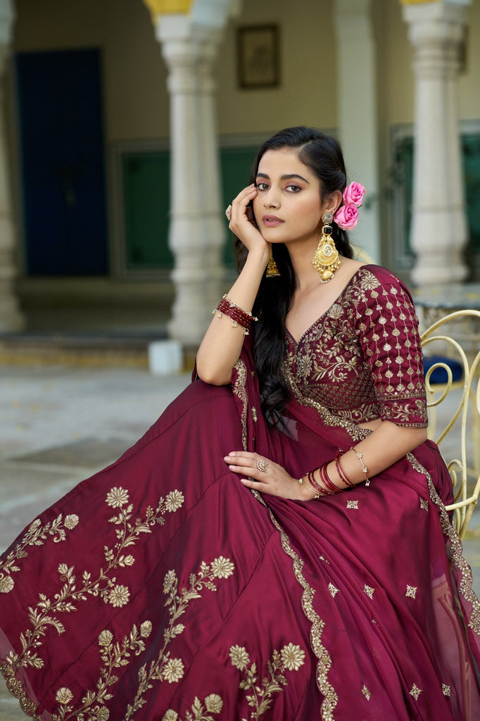Dark Maroon Silk Festive Lehenga Choli ClothsVilla