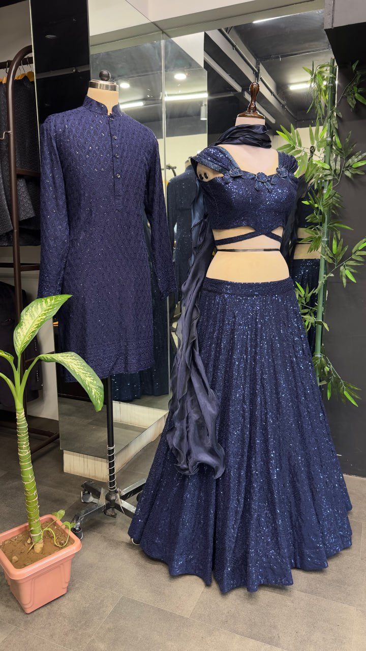 Dark Navy Blue Cinderella Sequence Full Stitched Georgette Lehenga Choli With Men Kurta Combo ClothsVilla
