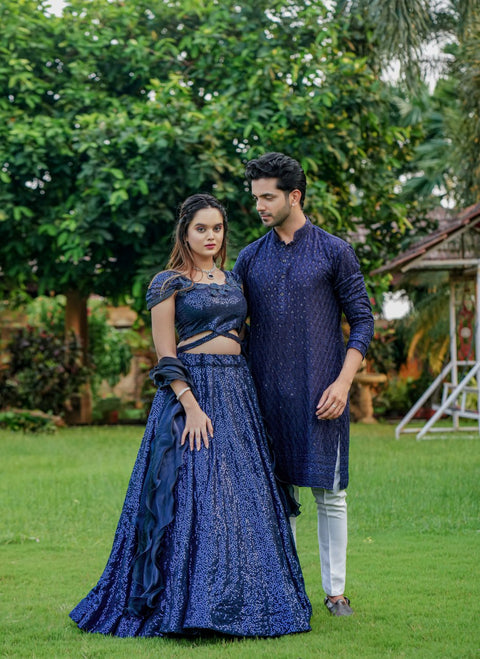 Dark Navy Blue Cinderella Sequence Full Stitched Georgette Lehenga Choli With Men Kurta Combo ClothsVilla Main image