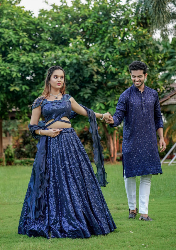 Dark Navy Blue Cinderella Sequence Full Stitched Georgette Lehenga Choli With Men Kurta Combo ClothsVilla