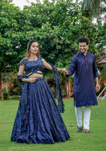 Dark Navy Blue Cinderella Sequence Full Stitched Georgette Lehenga Choli With Men Kurta Combo ClothsVilla