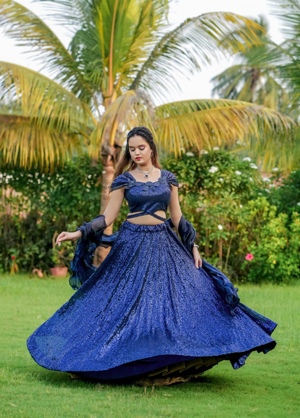 Dark Navy Blue Cinderella Sequence Full Stitched Georgette Lehenga Choli With Men Kurta Combo ClothsVilla
