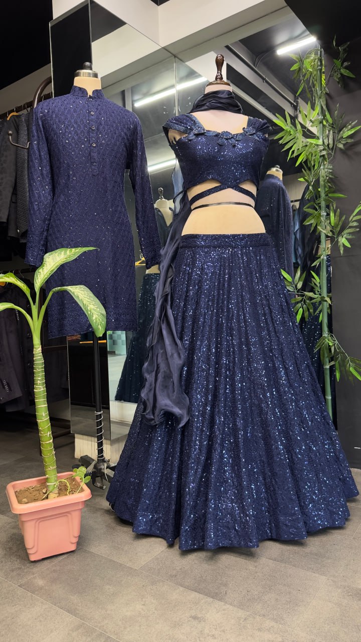 Dark Navy Blue Cinderella Sequence Full Stitched Georgette Lehenga Choli With Men Kurta Combo ClothsVilla