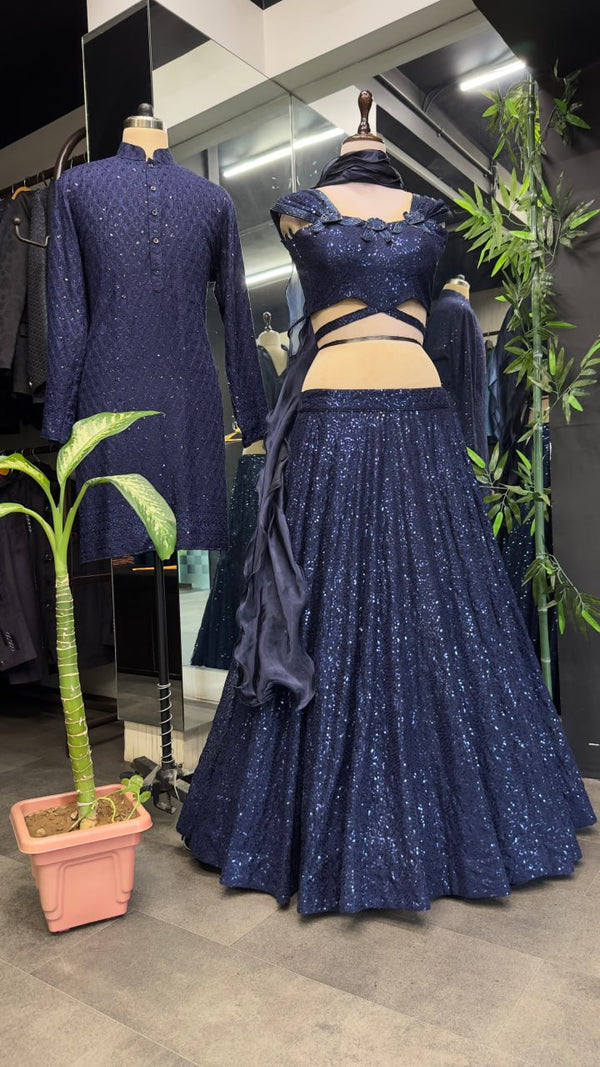 Dark Navy Blue Cinderella Sequence Full Stitched Georgette Lehenga Choli With Men Kurta Combo ClothsVilla