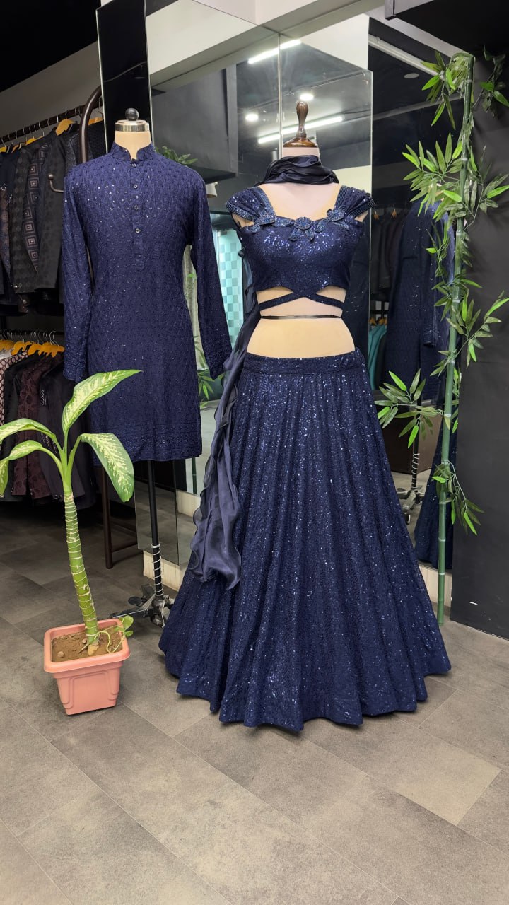 Dark Navy Blue Cinderella Sequence Full Stitched Georgette Lehenga Choli With Men Kurta Combo ClothsVilla