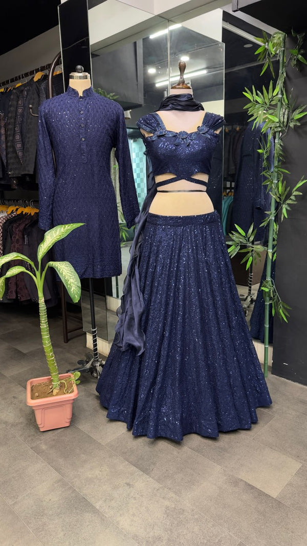 Dark Navy Blue Cinderella Sequence Full Stitched Georgette Lehenga Choli With Men Kurta Combo ClothsVilla