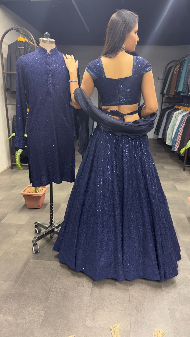 Dark Navy Blue Cinderella Sequence Full Stitched Georgette Lehenga Choli With Men Kurta Combo ClothsVilla