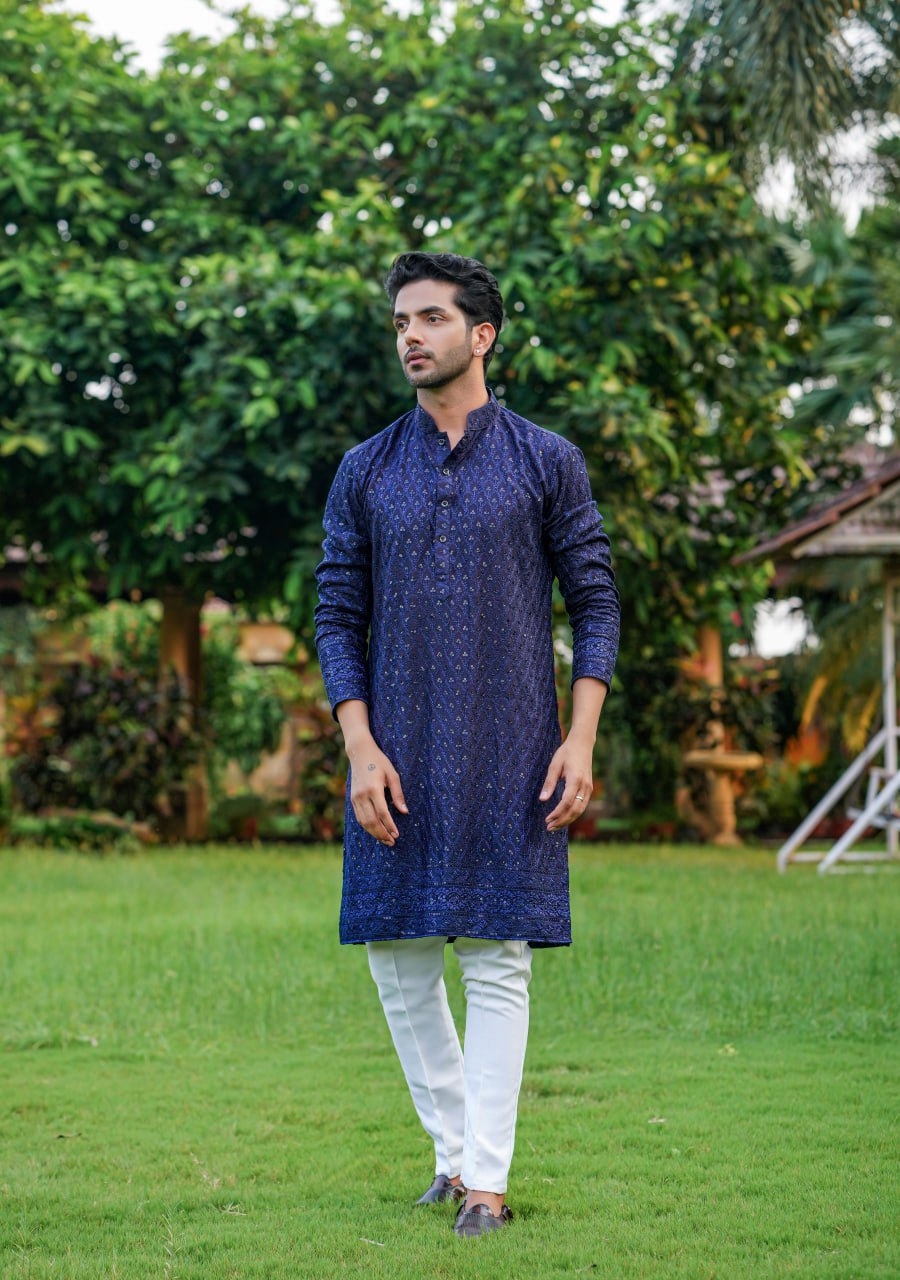 Dark Navy Blue Cinderella Sequence Full Stitched Georgette Lehenga Choli With Men Kurta Combo ClothsVilla
