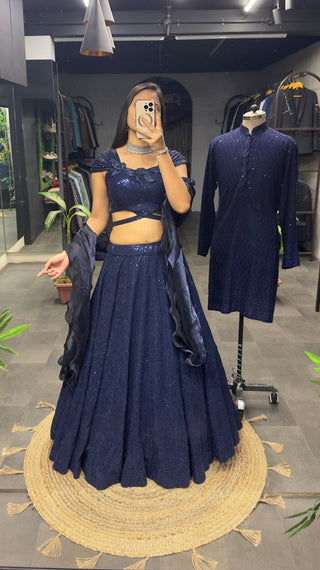 Dark Navy Blue Cinderella Sequence Lehenga Set - Full Stitched Georgette Ensemble ClothsVilla