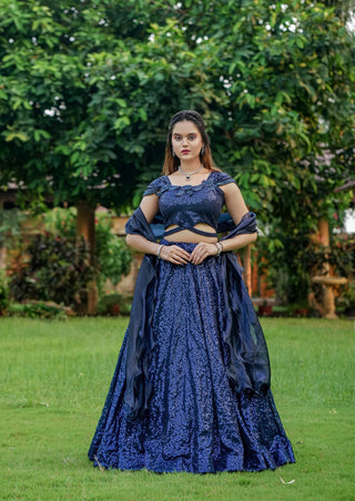 Dark Navy Blue Cinderella Sequence Lehenga Set - Full Stitched Georgette Ensemble ClothsVilla