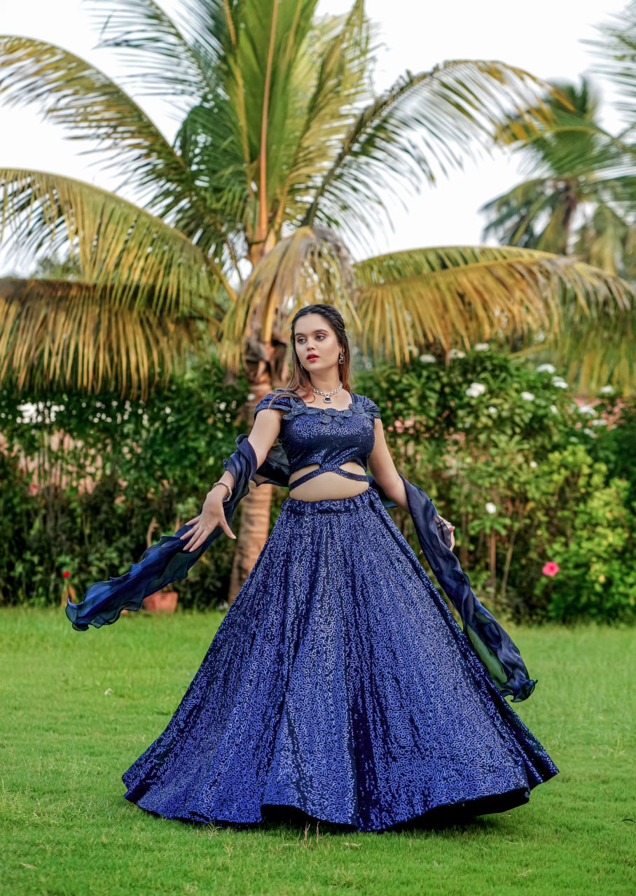 Dark Navy Blue Cinderella Sequence Lehenga Set - Full Stitched Georgette Ensemble ClothsVilla
