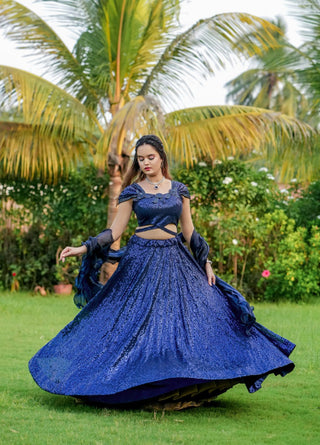 Dark Navy Blue Cinderella Sequence Lehenga Set - Full Stitched Georgette Ensemble ClothsVilla