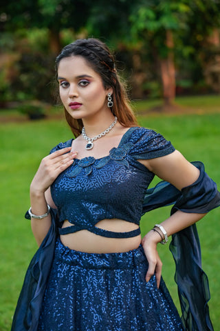 Dark Navy Blue Cinderella Sequence Lehenga Set - Full Stitched Georgette Ensemble ClothsVilla