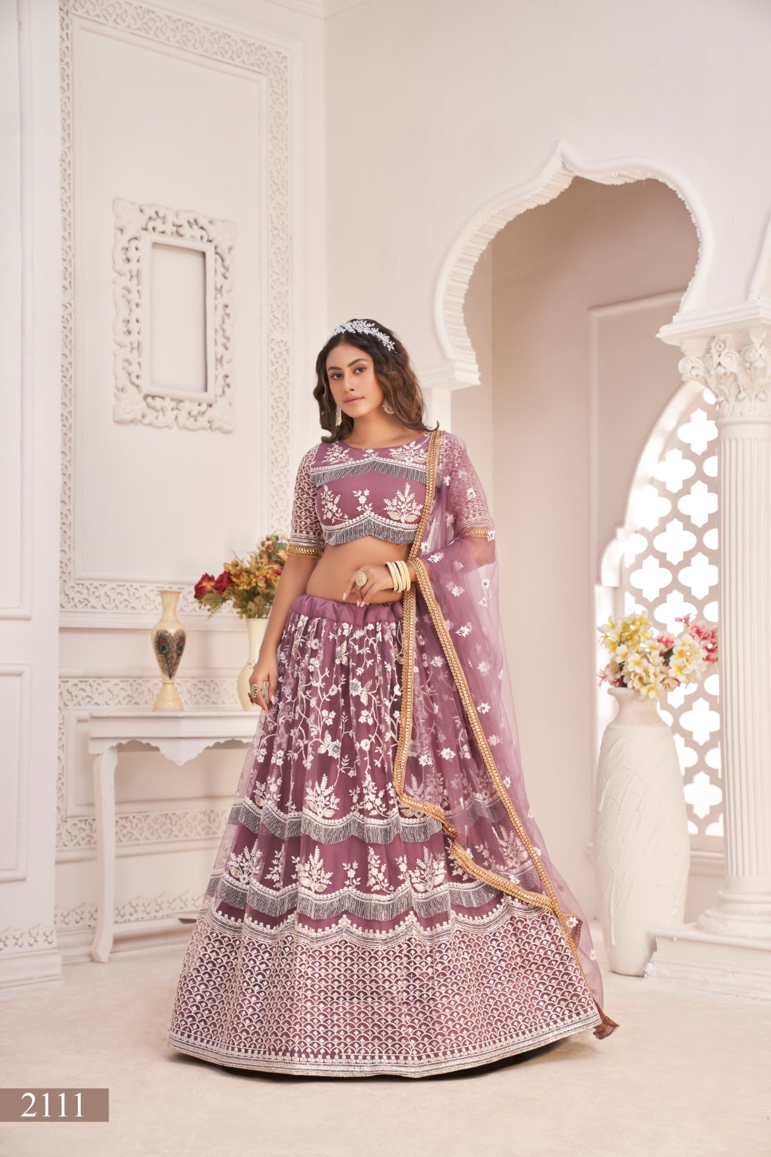 Dark Onion Butterfly Net Lehenga with White Thread, Zari & Sequin Embroidery Clothsvilla Main image