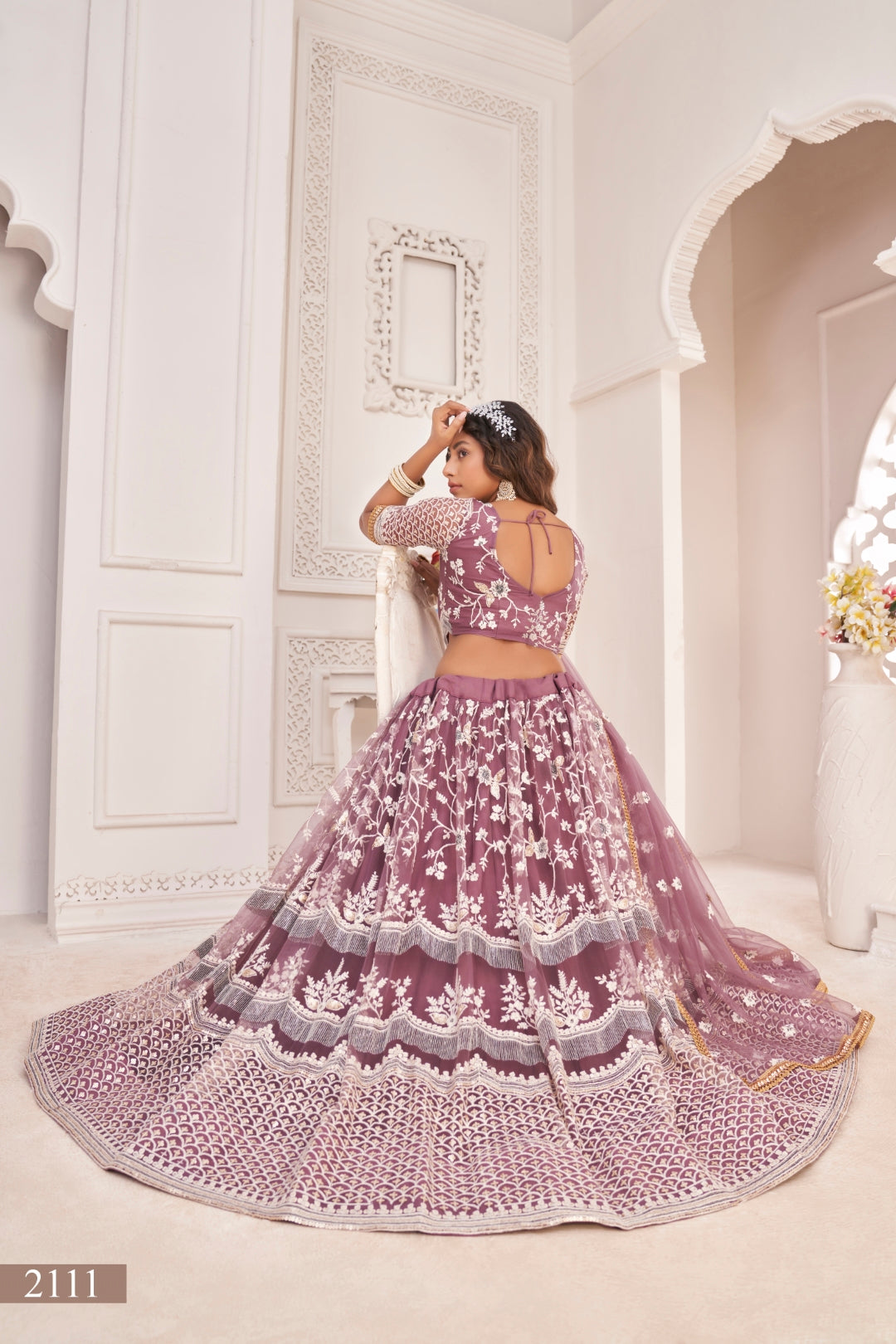 Dark Onion Butterfly Net Lehenga with White Thread, Zari & Sequin Embroidery Clothsvilla