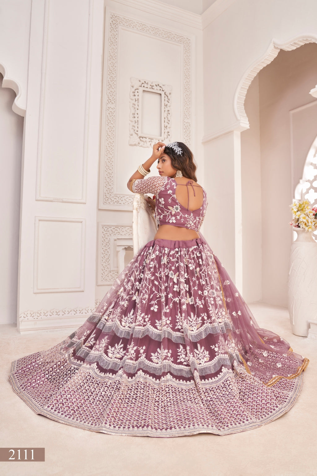 Dark Onion Butterfly Net Lehenga with White Thread, Zari & Sequin Embroidery Clothsvilla
