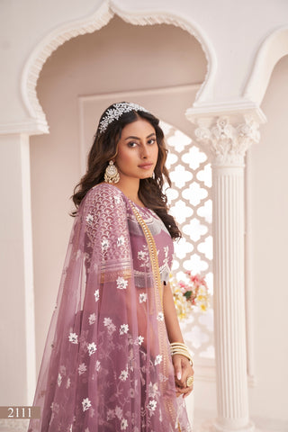 Dark Onion Butterfly Net Lehenga with White Thread, Zari & Sequin Embroidery Clothsvilla