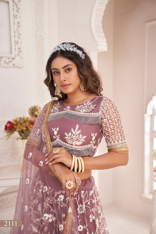 Dark Onion Butterfly Net Lehenga with White Thread, Zari & Sequin Embroidery Clothsvilla