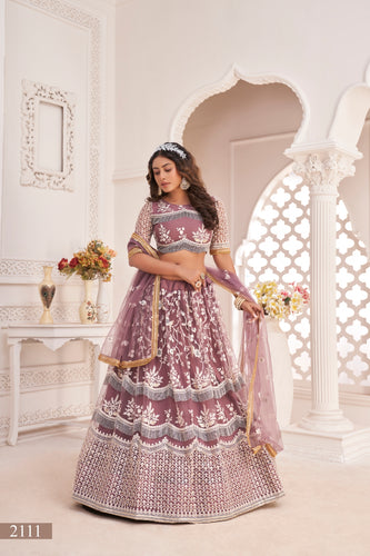 Dark Onion Butterfly Net Lehenga with White Thread, Zari & Sequin Embroidery Clothsvilla