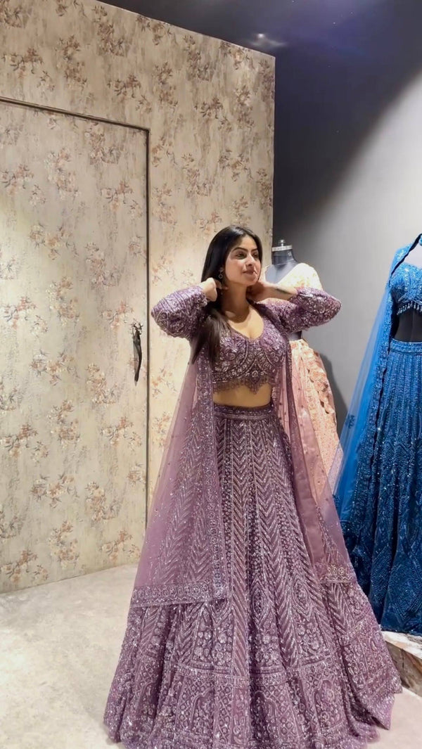 Dark Onion Sequins & Resham Dori Work Lehenga ClothsVilla