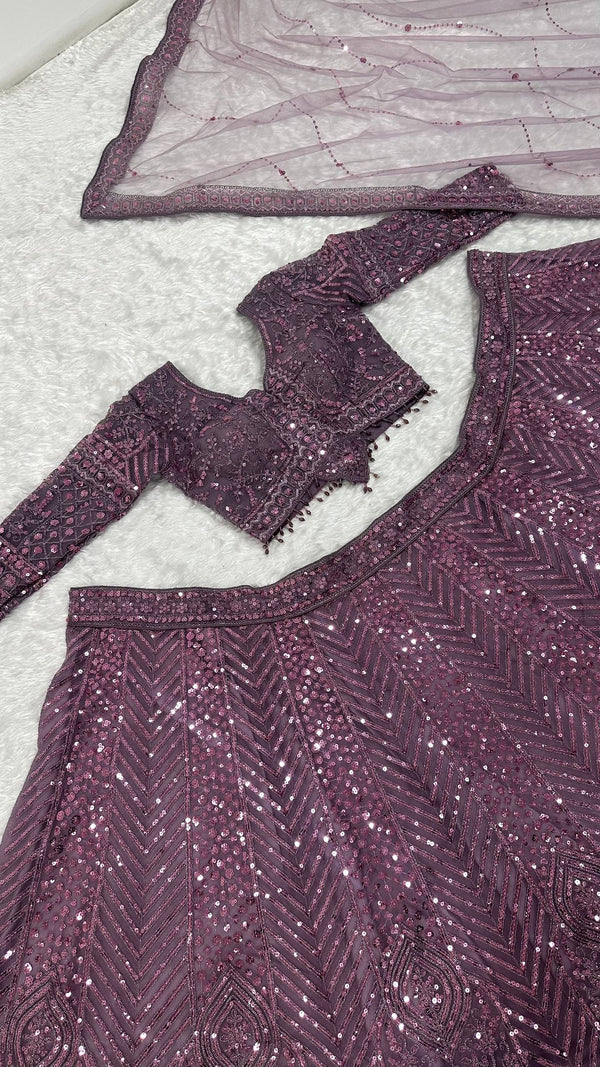 Dark Onion Sequins & Resham Dori Work Lehenga ClothsVilla