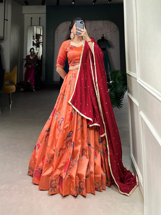 Dark Peach Elegant Tussar Silk Printed Lehenga Set with Embroidered Dupatta