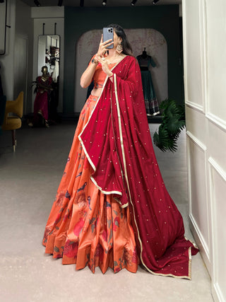 Dark Peach Elegant Tussar Silk Printed Lehenga Set with Embroidered Dupatta