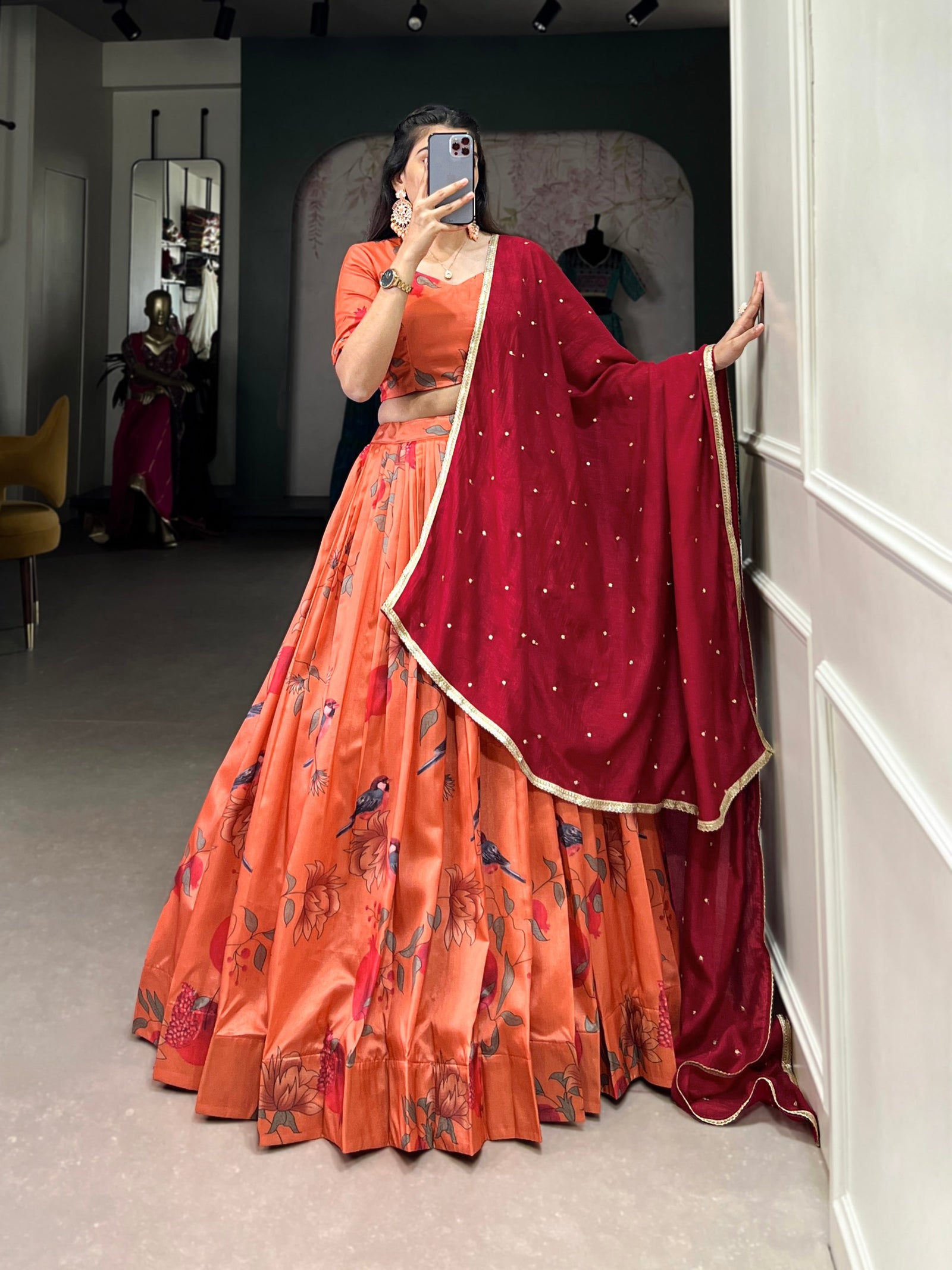 Dark Peach Elegant Tussar Silk Printed Lehenga Set with Embroidered Dupatta