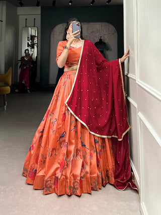 Dark Peach Elegant Tussar Silk Printed Lehenga Set with Embroidered Dupatta