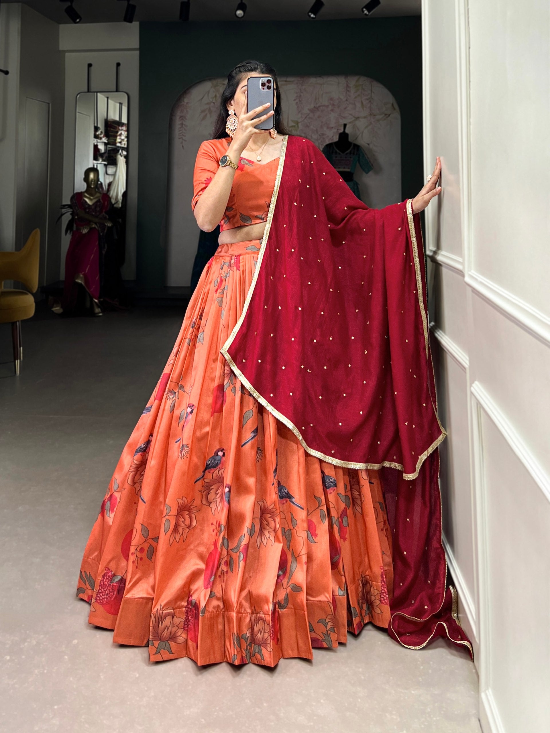 Dark Peach Elegant Tussar Silk Printed Lehenga Set with Embroidered Dupatta