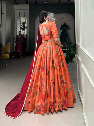 Dark Peach Elegant Tussar Silk Printed Lehenga Set with Embroidered Dupatta