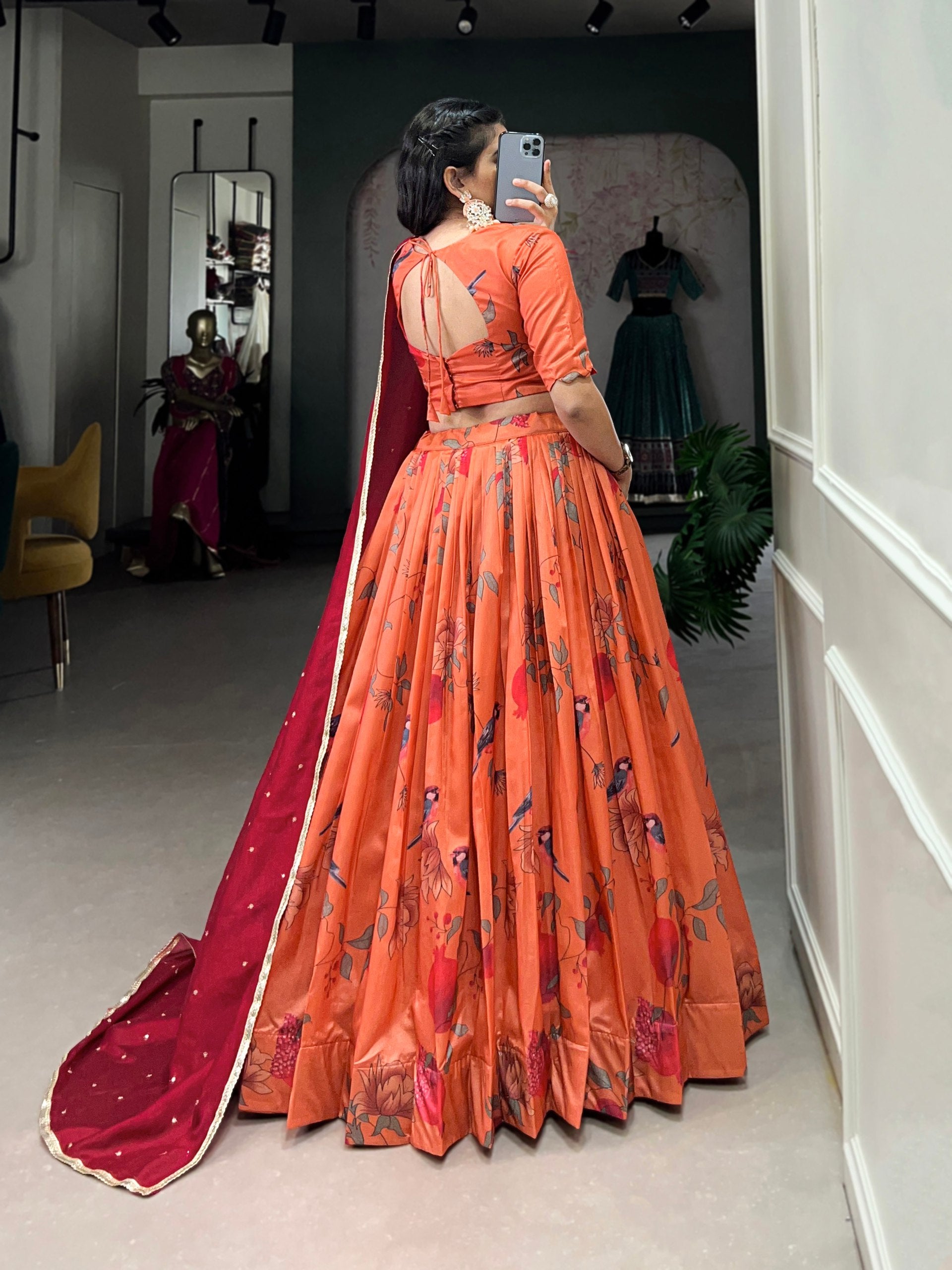 Dark Peach Elegant Tussar Silk Printed Lehenga Set with Embroidered Dupatta