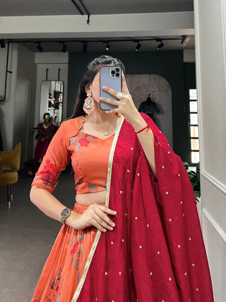 Dark Peach Elegant Tussar Silk Printed Lehenga Set with Embroidered Dupatta