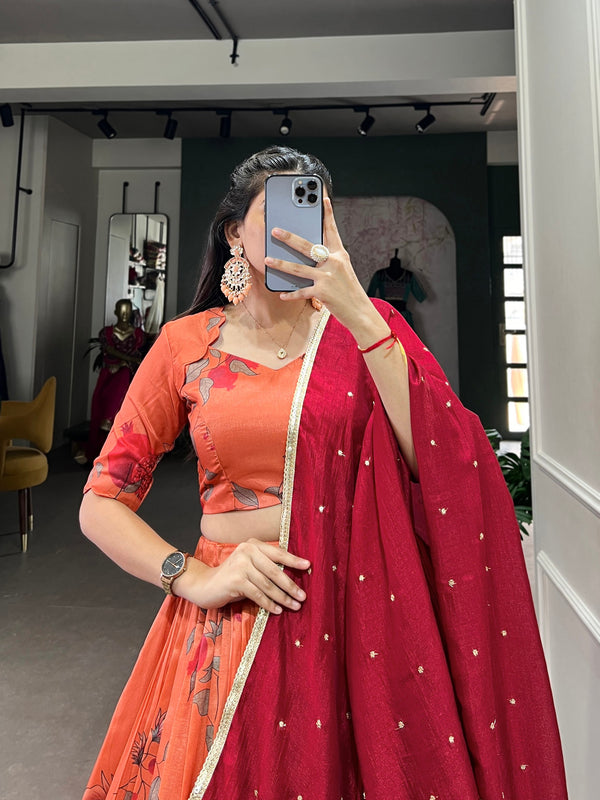 Dark Peach Elegant Tussar Silk Printed Lehenga Set with Embroidered Dupatta
