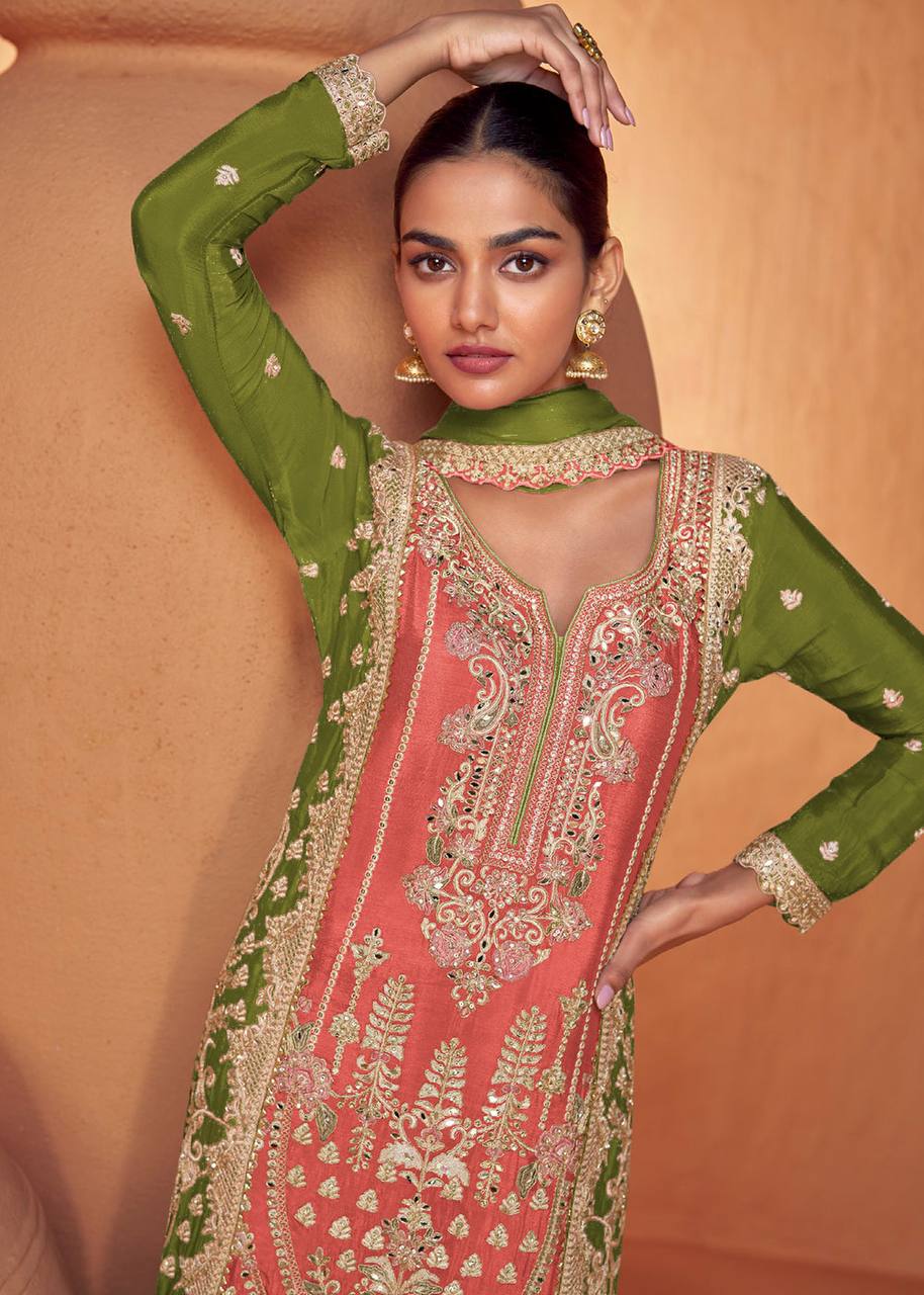 Dark Peach Graceful Embroidered Chinon Suit Set with Dupatta ClothsVilla
