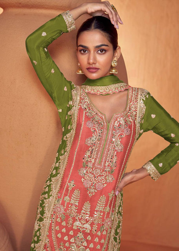Dark Peach Graceful Embroidered Chinon Suit Set with Dupatta ClothsVilla