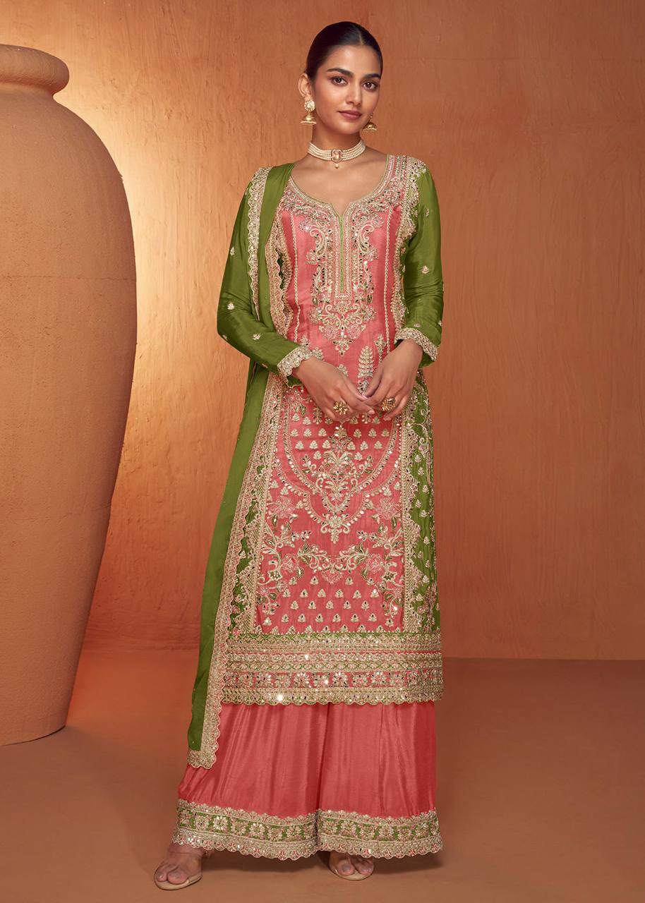 Dark Peach Graceful Embroidered Chinon Suit Set with Dupatta ClothsVilla Main image