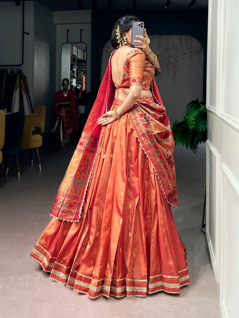Dark Peach Shimmer Zari Weaving Lehenga ClothsVilla