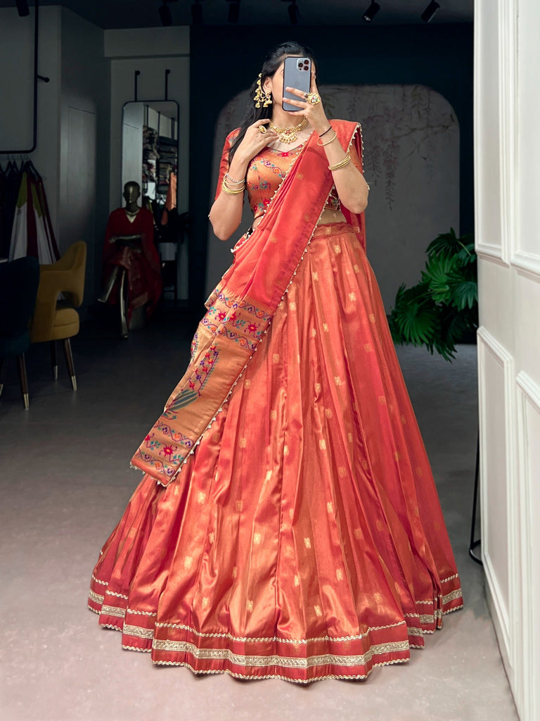 Dark Peach Shimmer Zari Weaving Lehenga ClothsVilla